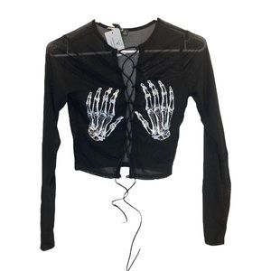 Small long sleeve black crop top with Skelton hands on titties